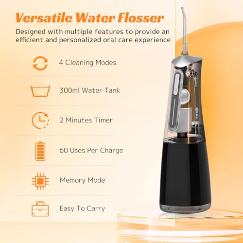Black Cordless Water Flosser 300ml 5 Tips 4 Modes IPX7 Portable Travel Oral Irrigator